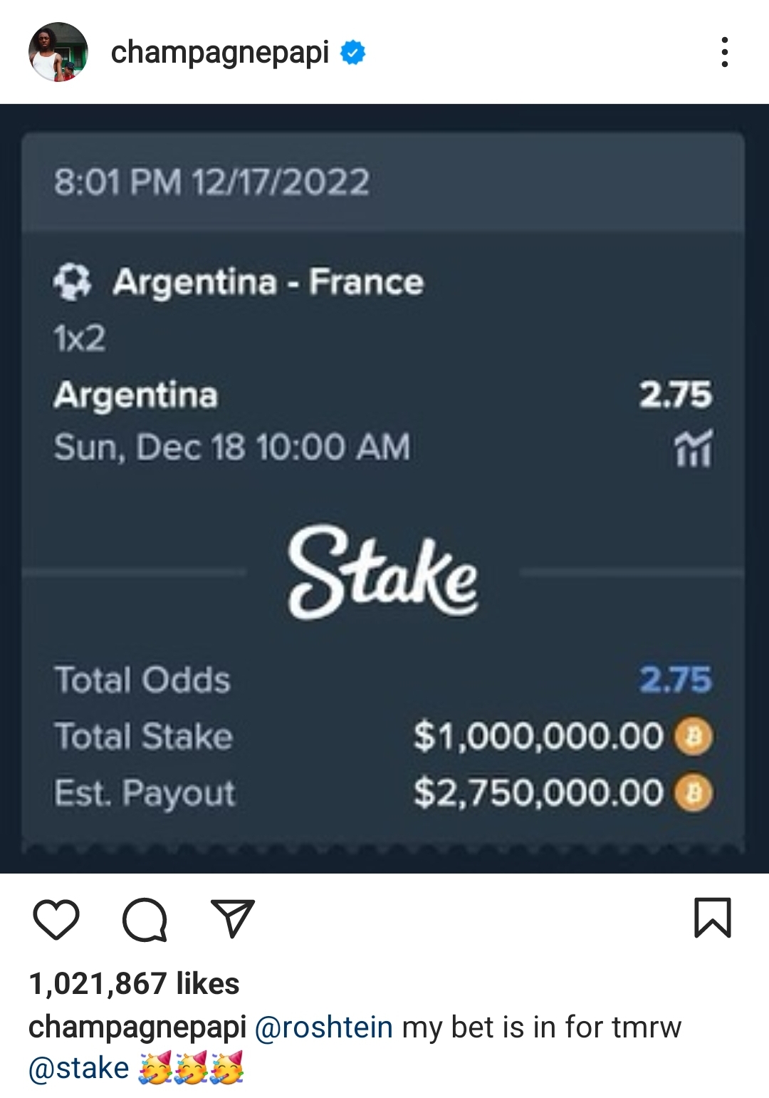 Drake Wins $1.75 Million After Argentina Wins World Cup